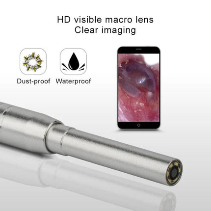 Handheld Endoscope for Ear, Nose, and Tooth Checks with LED Lights showing metal probe, waterproof dust-proof icons, and smartphone ear image