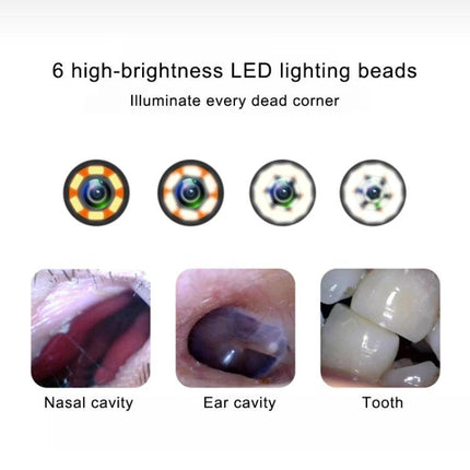 Handheld Endoscope for Ear, Nose, and Tooth Checks with LED Lights showing 6 LED beads and close-up nasal, ear, and tooth views