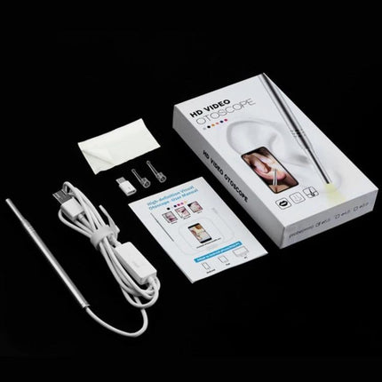 Handheld Endoscope for Ear, Nose, and Tooth Checks with LED Lights showing device, USB cable, accessories and packaging on black background
