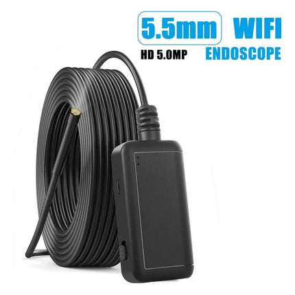 Wireless Endoscope Camera for Inspections with 5-Meter Cable showing 5.5mm lens and long coiled cable for plumbing and engine inspections
