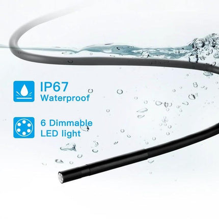 Wireless Endoscope Camera for Inspections with 5-Meter Cable showing IP67 waterproof 5.5mm lens and 6 dimmable LED lights