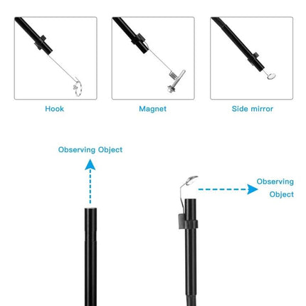 Wireless Endoscope Camera for Inspections with 5-Meter Cable showing hook, magnet and side mirror attachments for inspecting tight spaces