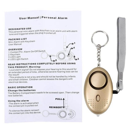 SINCOTE Portable Mini Personal Alarm for Women and Kids compact gold keychain alarm with user manual and wrist strap
