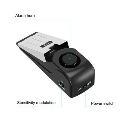 Wedge Shaped Door Stop Alarm for Home and Travel Security - black wedge alarm with sensitivity dial and power switch