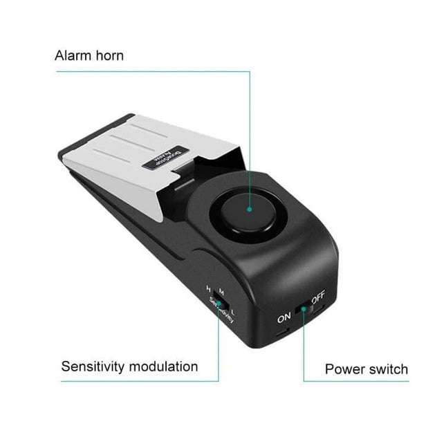 Wedge Shaped Door Stop Alarm for Home and Travel Security - black wedge alarm with sensitivity dial and power switch