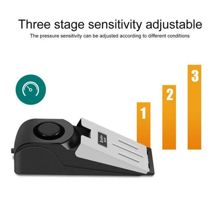 Wedge Shaped Door Stop Alarm for Home and Travel Security showing three-stage sensitivity adjustment and pressure levels 1-3