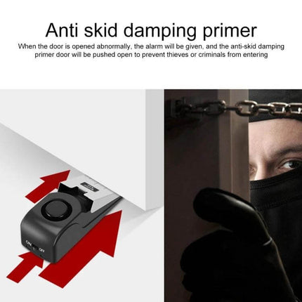Wedge Shaped Door Stop Alarm for Home and Travel Security shown under door activating siren to deter intruders