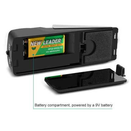 Wedge Shaped Door Stop Alarm for Home and Travel Security showing open battery compartment with 9V battery