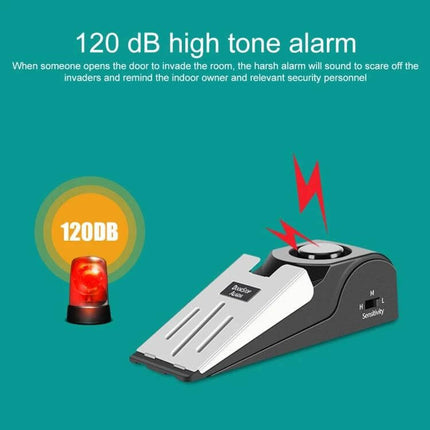 Wedge Shaped Door Stop Alarm for Home and Travel Security showing wedge alarm with 120 dB siren and sensitivity control