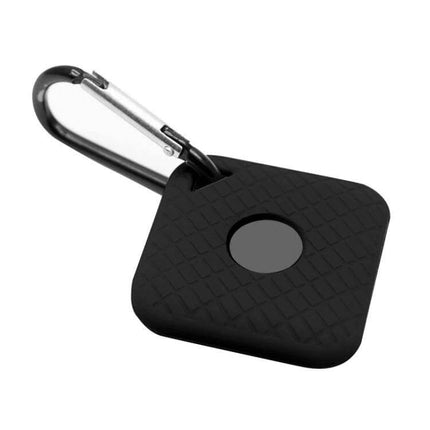 Silicone Protective Case for Tile Sport Bluetooth Tracker in black with carabiner keyring, textured silicone cover protecting tracker