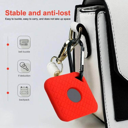 Silicone Protective Case for Tile Sport Bluetooth Tracker on a keyring attached to a handbag, red textured silicone cover protecting the tracker
