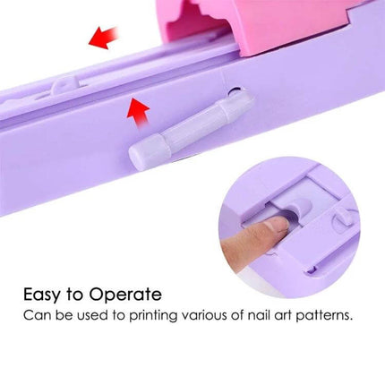 DIY Nail Art Printing Stamp Machine Set For At Home Manicures showing close-up of purple stamping slider and easy-to-operate button for at-home nail art