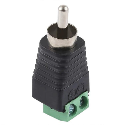 DC to RCA Male Adapter for Easy Power Connections - black screw-in RCA power adapter with green 2-terminal block