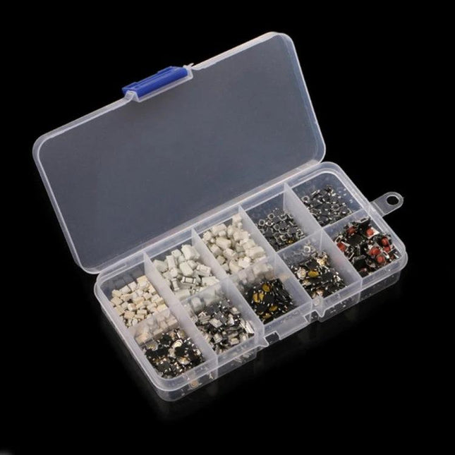 Assorted Tact Switch Buttons for Remote Controls and LCD Panels, 200 Pieces in clear plastic organizer box with 10 compartments