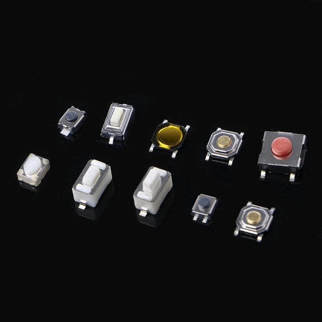 Assorted Tact Switch Buttons for Remote Controls and LCD Panels, 200 Pieces – mixed sizes and shapes of 200 replacement tact switch buttons on black background