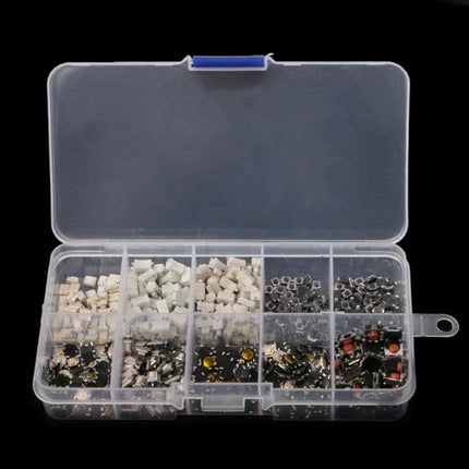 Assorted Tact Switch Buttons for Remote Controls and LCD Panels, 200 Pieces - clear storage case with 10 compartments of varied tact switch buttons
