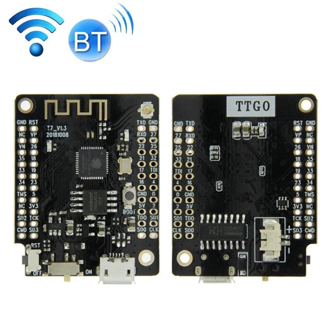 TTGO Mini32 Development Board for Wireless Projects - front and back ESP32 board with WiFi and Bluetooth icons