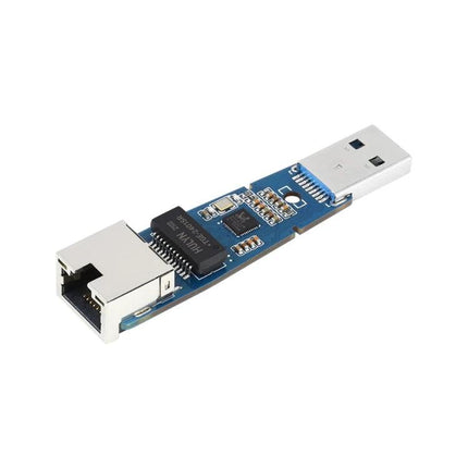 Waveshare Driver-Free USB to Gigabit Ethernet Converter Module showing USB-A plug, Realtek controller IC and RJ45 port for stable high-speed wired networking