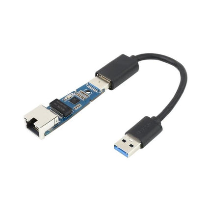 Waveshare Driver-Free USB to Gigabit Ethernet Converter Module shown with USB-A cable and Realtek controller board for stable wired networking