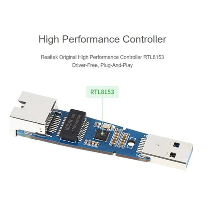 Waveshare Driver-Free USB to Gigabit Ethernet Converter Module showing RTL8153 Realtek controller on PCB, driver-free plug-and-play design