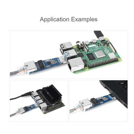 Waveshare Driver-Free USB to Gigabit Ethernet Converter Module connected to single-board computers and laptop for stable high-speed wired network