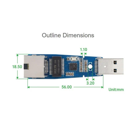 Waveshare Driver-Free USB to Gigabit Ethernet Converter Module with Realtek controller and dimension diagram (56mm x 18.5mm)