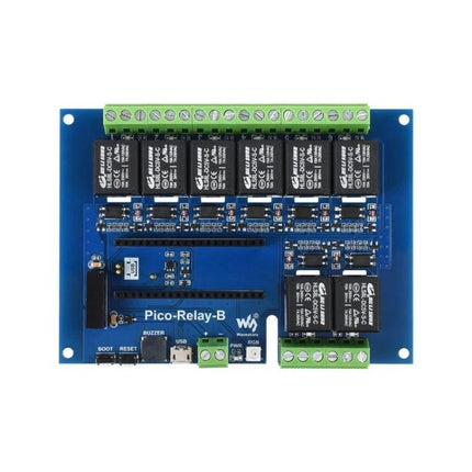 Waveshare Eight Channel Relay Module for Raspberry Pi Projects - blue PCB relay board with eight black relays and green screw terminals