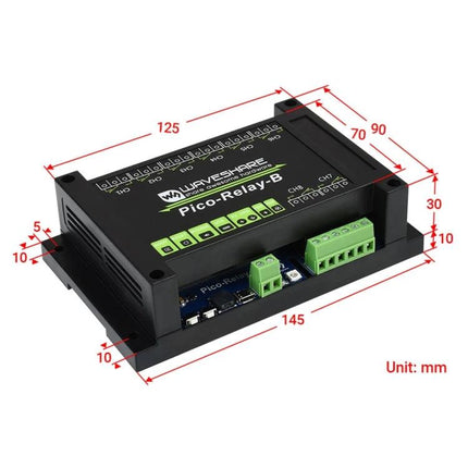 Waveshare Eight Channel Relay Module for Raspberry Pi Projects - compact Pico-Relay-B with screw terminals and dimensions