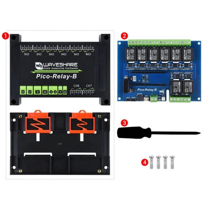 Waveshare Eight Channel Relay Module for Raspberry Pi Projects - Pico-Relay-B kit with enclosure, PCB, screws and screwdriver