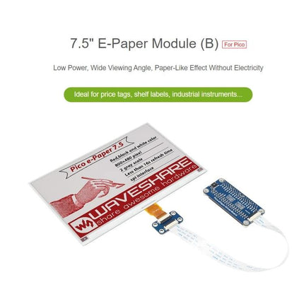 Waveshare 7.5 Inch E-Paper Display for Raspberry Pi Projects showing 7.5" e-paper module connected to Pico interface board, low-power e-ink display