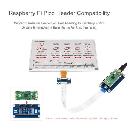 Waveshare 7.5 Inch E-Paper Display for Raspberry Pi Projects showing weather UI connected to Raspberry Pi Pico via header cable