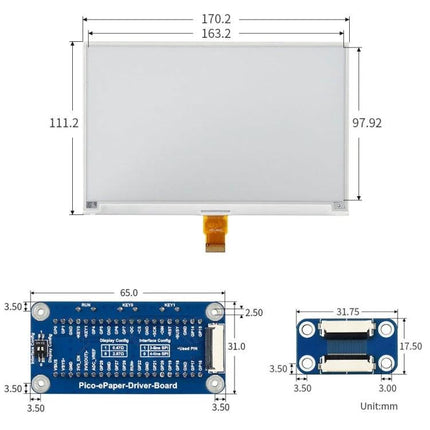 Waveshare 7.5 Inch E-Paper Display for Raspberry Pi Projects showing display panel, Pico e-Paper driver board and connector with measurements