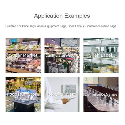 Waveshare 7.5 Inch E-Paper Display for Raspberry Pi Projects showing application examples like supermarket, cashierless store, shelf label, hospital ward, conference venue