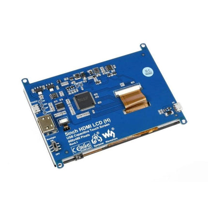 Waveshare 5-Inch Capacitive Touch Screen LCD for Raspberry Pi showing compact blue circuit board and HDMI/USB connectors