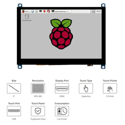 Waveshare 5-Inch Capacitive Touch Screen LCD for Raspberry Pi showing Raspberry Pi desktop and specs for portable projects