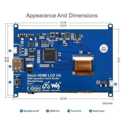 Waveshare 5-Inch Capacitive Touch Screen LCD for Raspberry Pi showing 5-inch HDMI capacitive touch board with ports and dimensions