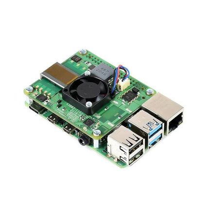 Waveshare PoE+ HAT for Raspberry Pi Power and Ethernet Connectivity mounted on Raspberry Pi 4 showing Ethernet, USB ports and cooling fan