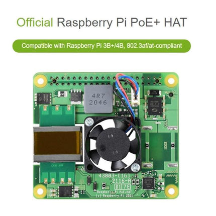 Waveshare PoE+ HAT for Raspberry Pi Power and Ethernet Connectivity compact PoE+ HAT mounted with fan for Raspberry Pi 3B+/4B