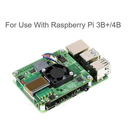 Waveshare PoE+ HAT for Raspberry Pi Power and Ethernet Connectivity compact PoE+ HAT mounted on Raspberry Pi 3B+/4B showing fan and Ethernet ports