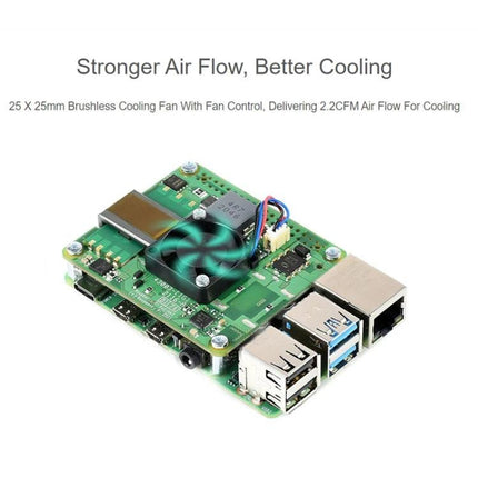 Waveshare PoE+ HAT for Raspberry Pi Power and Ethernet Connectivity compact accessory on Raspberry Pi 4B showing fan and Ethernet port