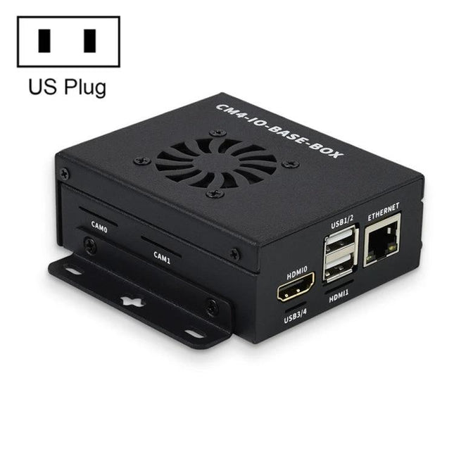 Waveshare Mini IO Board for Raspberry Pi CM4 with Metal Case showing HDMI, USB, Ethernet ports and camera connectors in black metal enclosure