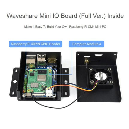 Waveshare Mini IO Board for Raspberry Pi CM4 with Metal Case showing CM4 in metal case with GPIO header and fan