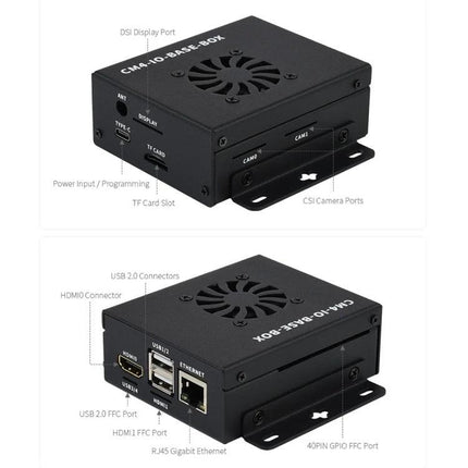 Waveshare Mini IO Board for Raspberry Pi CM4 with Metal Case compact black enclosure showing ports and fan