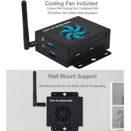Waveshare Mini IO Board for Raspberry Pi CM4 with Metal Case showing cooling fan, antenna, ports and wall-mount support