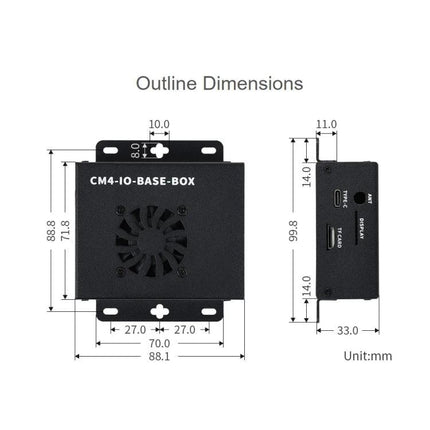 Waveshare Mini IO Board for Raspberry Pi CM4 with Metal Case black metal case outline dimensions with fan and port side view