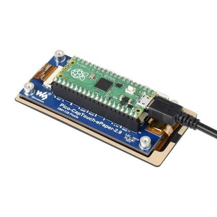 Waveshare 2.9 Inch e-Paper Touch Display Module for Raspberry Pi showing 296x128 touch e-paper with Raspberry Pi Pico connected