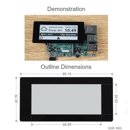 Waveshare 2.9 Inch Capacitive Touch E-Paper Display for Raspberry Pi showing demo weather screen and outline dimensions