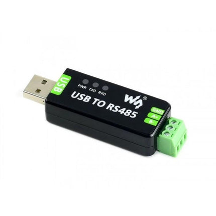 Waveshare USB to RS485 Converter for Industrial Data Transfer, compact USB-to-RS485 adapter with status LEDs and green terminal block