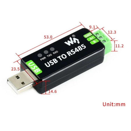 Waveshare USB to RS485 Converter for Industrial Data Transfer compact USB-to-RS485 adapter with terminal block and LED indicators