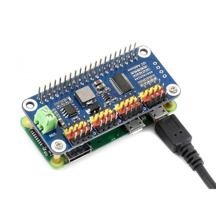 Waveshare 16-Channel Servo Driver HAT for Raspberry Pi Projects mounted on Raspberry Pi showing PWM pins, servo headers and power connector